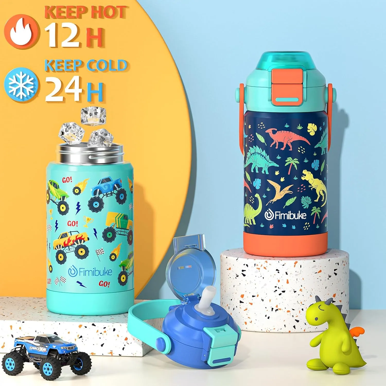 Kids Insulated Water Bottle with Pop-Open Straw & Spout 2-in-1 Lid, 14oz Leak Proof 18/8 Stainless Steel Vacuum Tumbler, BPA-Free Kids Cup For Travel School Boys Girls Toddler 2 Packs,Sea World