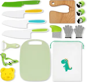 Kids Knife Set for Real Cooking, 15 PCS Montessori Kitchen Tools Kids Kitchen Knife Set with Wooden Safe Knife Serrated Edges Plastic Toddler Knife Cutting Board Crinkle Cutters