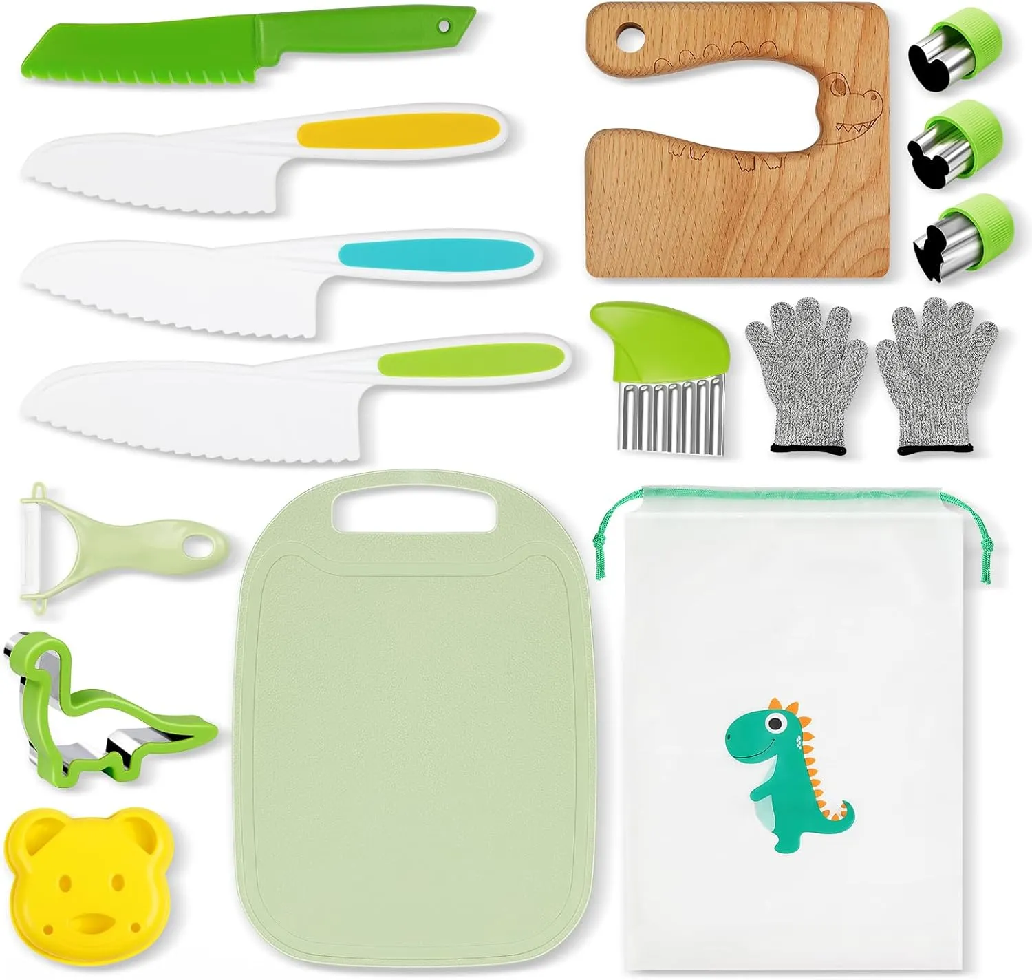 Kids Knife Set for Real Cooking, 15 PCS Montessori Kitchen Tools Kids Kitchen Knife Set with Wooden Safe Knife Serrated Edges Plastic Toddler Knife Cutting Board Crinkle Cutters