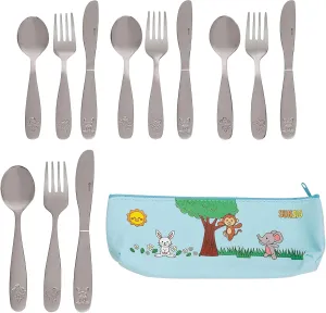 Kids Silverware Set, 18/10 Stainless Steel 12 Piece Cutlery Set with 4 Forks, 4 Spoons, 4 Small Knives, Toddler Metal Travel Utensils with Case, Child Safe Flatware, Dishwasher Safe, 1 Set