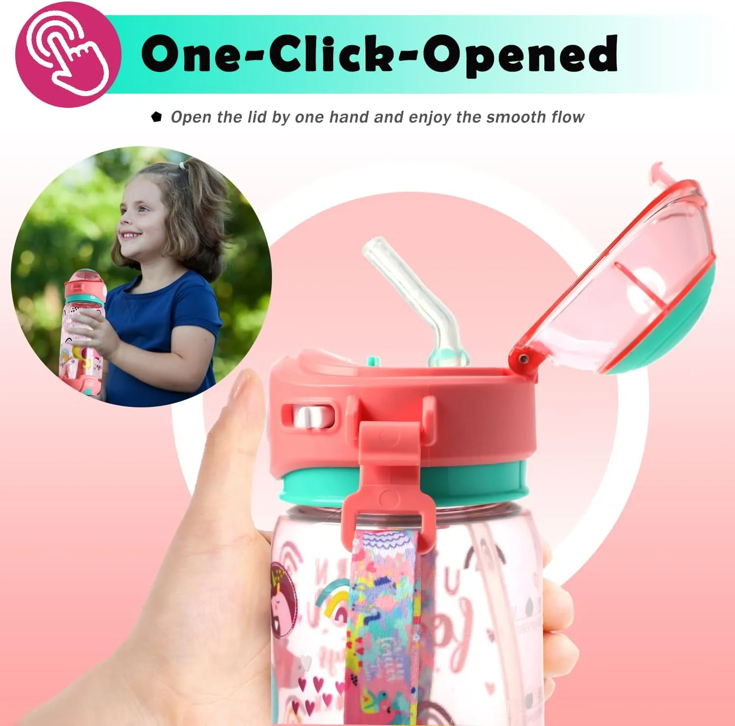 Kids Water Bottle with Straw/Lanyard for School Kids Girls Boys, 22oz BPA Free Child Drinking Water Bottle One-Click-Open Leak-Proof Locking Flip Lid for School Sport Travel