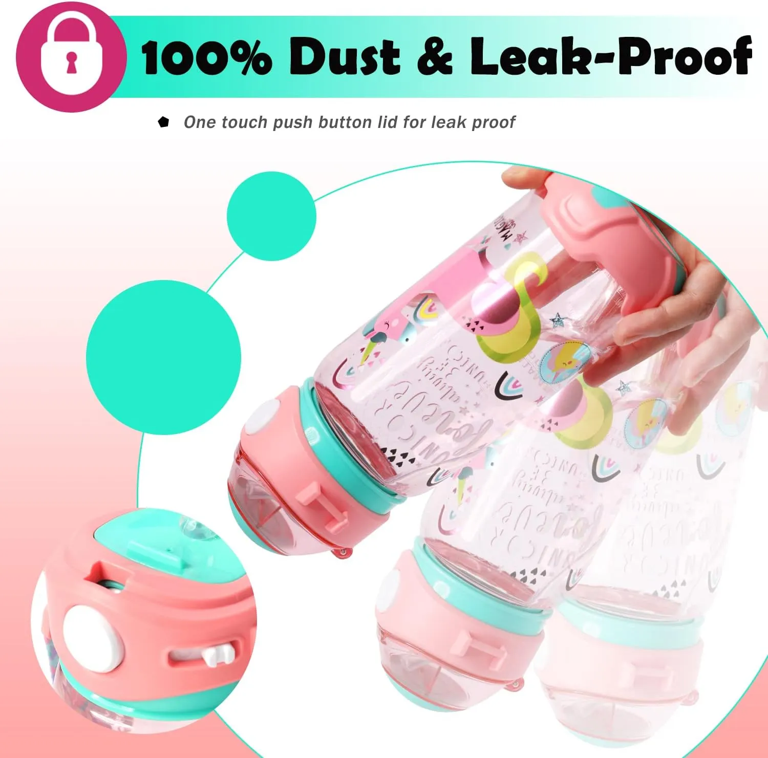 Kids Water Bottle with Straw/Lanyard for School Kids Girls Boys, 22oz BPA Free Child Drinking Water Bottle One-Click-Open Leak-Proof Locking Flip Lid for School Sport Travel