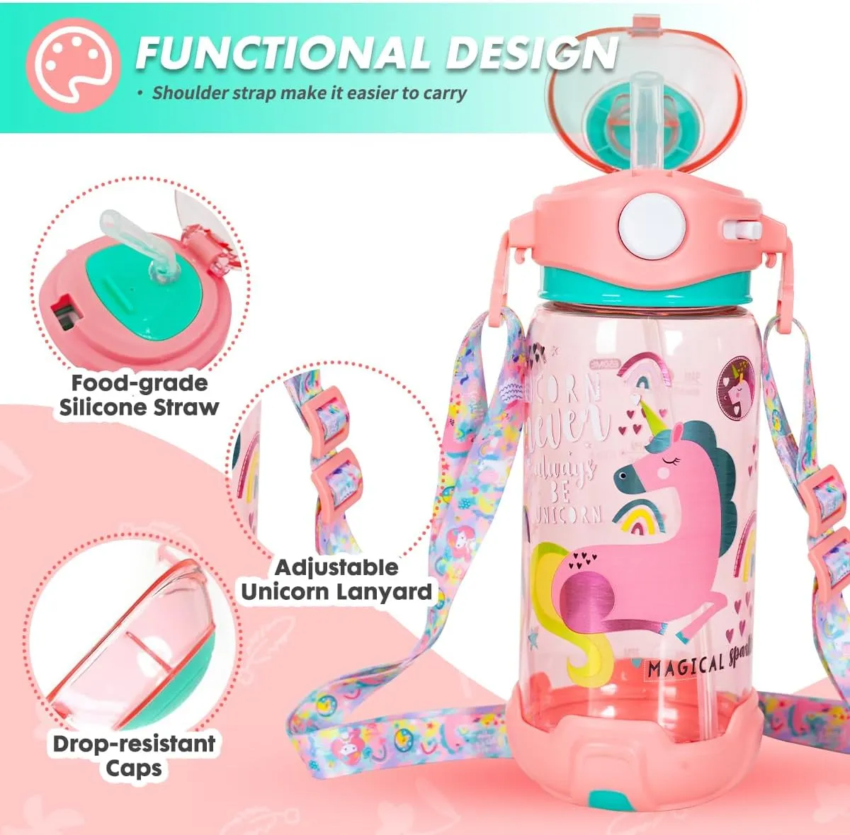 Kids Water Bottle with Straw/Lanyard for School Kids Girls Boys, 22oz BPA Free Child Drinking Water Bottle One-Click-Open Leak-Proof Locking Flip Lid for School Sport Travel