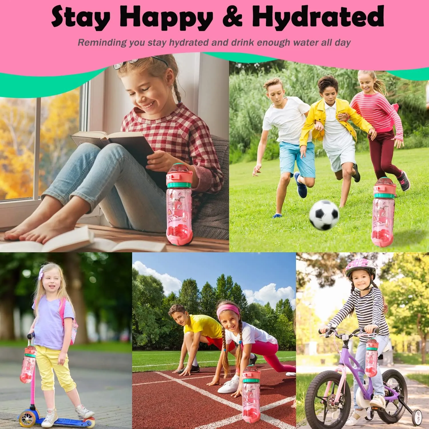 Kids Water Bottle with Straw/Lanyard for School Kids Girls Boys, 22oz BPA Free Child Drinking Water Bottle One-Click-Open Leak-Proof Locking Flip Lid for School Sport Travel