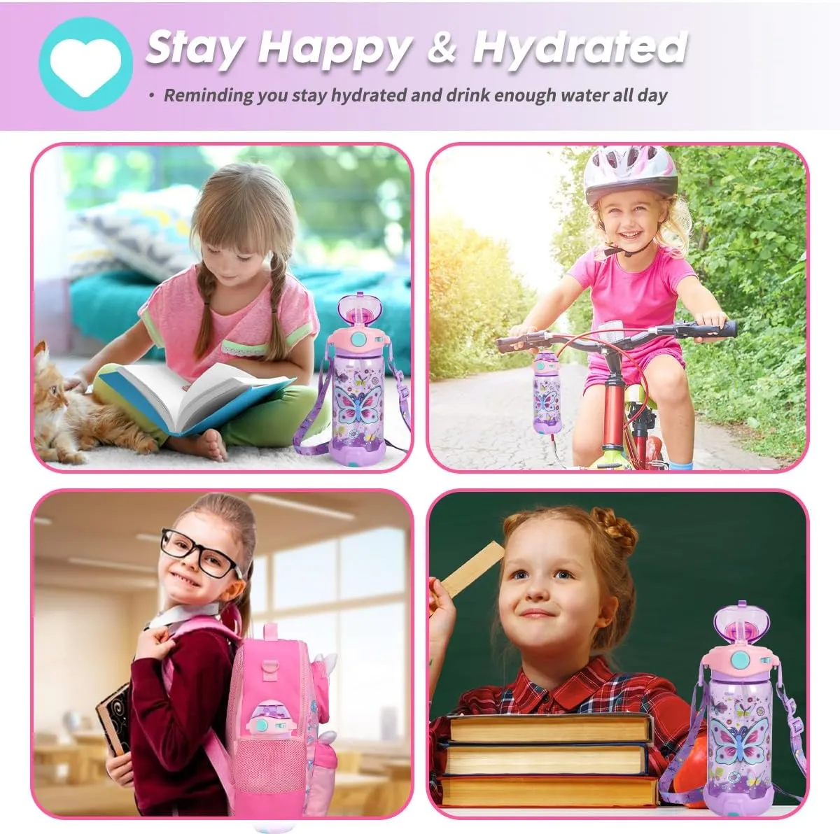 Kids Water Bottle with Straw/Lanyard for School Kids Girls Boys, 22oz BPA Free Child Drinking Water Bottle One-Click-Open Leak-Proof Locking Flip Lid for School Sport Travel