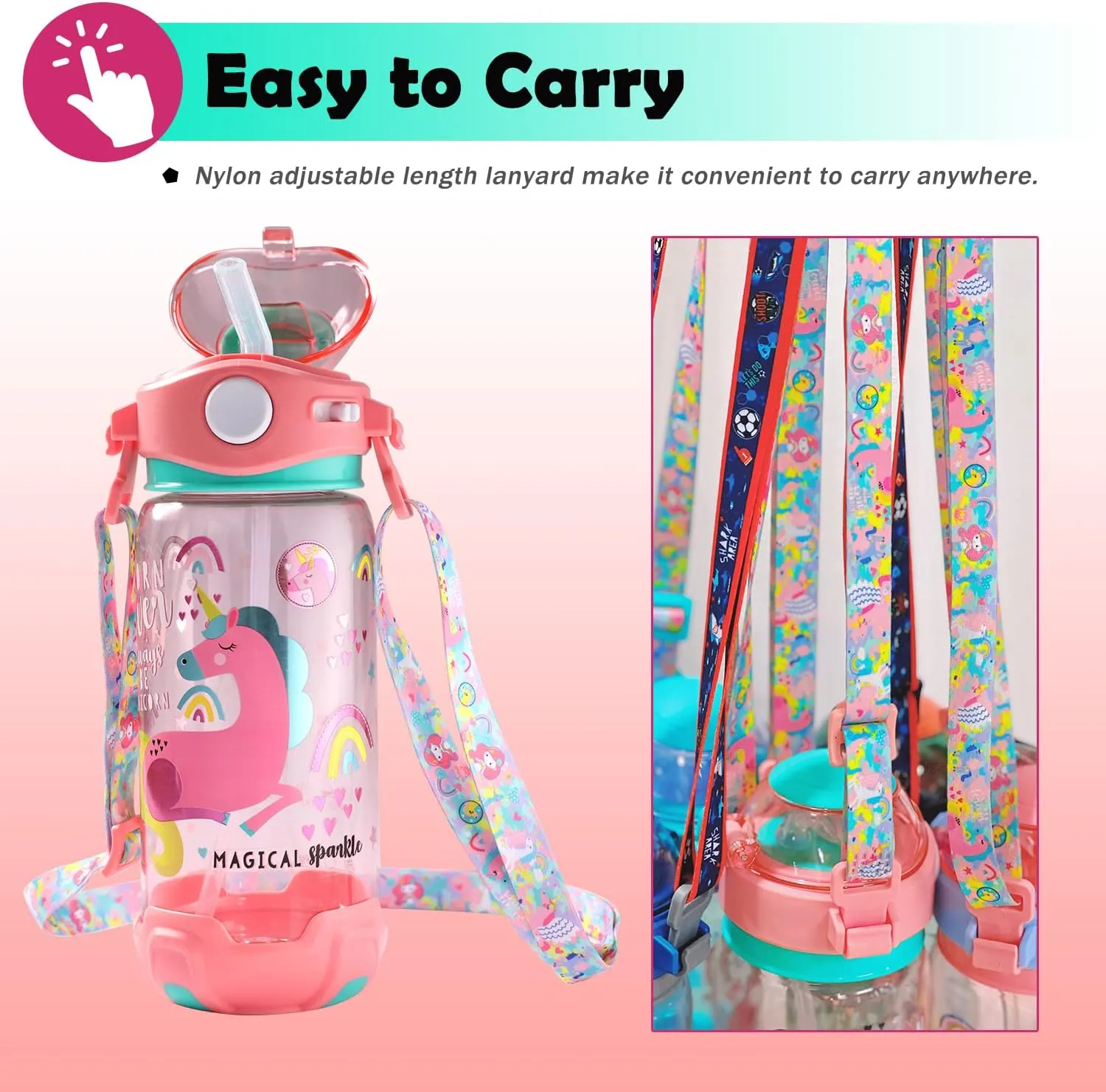 Kids Water Bottle with Straw/Lanyard for School Kids Girls Boys, 22oz BPA Free Child Drinking Water Bottle One-Click-Open Leak-Proof Locking Flip Lid for School Sport Travel