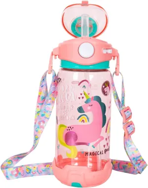 Kids Water Bottle with Straw/Lanyard for School Kids Girls Boys, 22oz BPA Free Child Drinking Water Bottle One-Click-Open Leak-Proof Locking Flip Lid for School Sport Travel