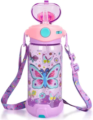 Kids Water Bottle with Straw/Lanyard for School Kids Girls Boys, 22oz BPA Free Child Drinking Water Bottle One-Click-Open Leak-Proof Locking Flip Lid for School Sport Travel