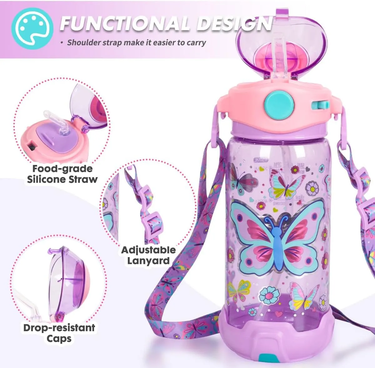 Kids Water Bottle with Straw/Lanyard for School Kids Girls Boys, 22oz BPA Free Child Drinking Water Bottle One-Click-Open Leak-Proof Locking Flip Lid for School Sport Travel