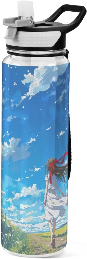 Kigai Transparent Sports Water Bottle 32oz, Anime Girl Leakproof Wide Mouth Water Bottle with Straw, BPA Free Water Jug with Detachable Strap & Handle for Fitness Gym Outdoor