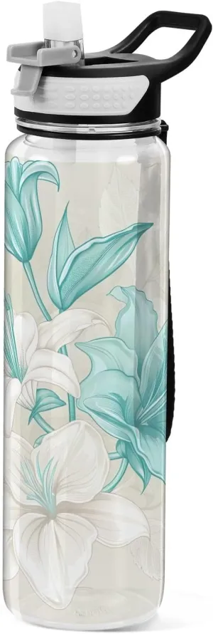 Kigai Transparent Sports Water Bottle 32oz, Blue White Lily Leakproof Wide Mouth Water Bottle with Straw, BPA Free Water Jug with Detachable Strap & Handle for Fitness Gym Outdoor