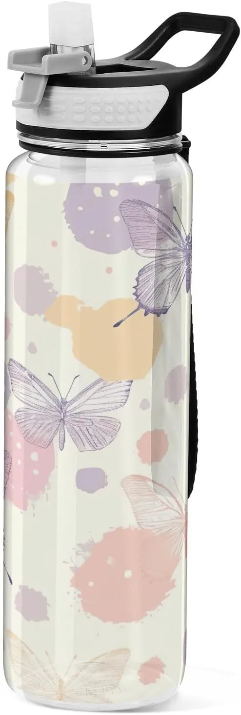 Kigai Transparent Sports Water Bottle 32oz, Butterfly Splash Leakproof Wide Mouth Water Bottle with Straw, BPA Free Water Jug with Detachable Strap & Handle for Fitness Gym Outdoor