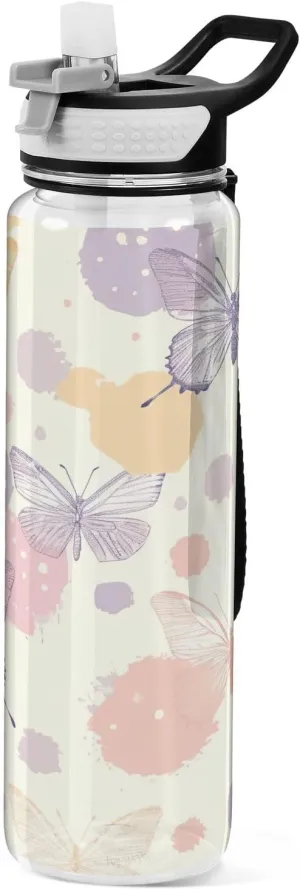 Kigai Transparent Sports Water Bottle 32oz, Butterfly Splash Leakproof Wide Mouth Water Bottle with Straw, BPA Free Water Jug with Detachable Strap & Handle for Fitness Gym Outdoor