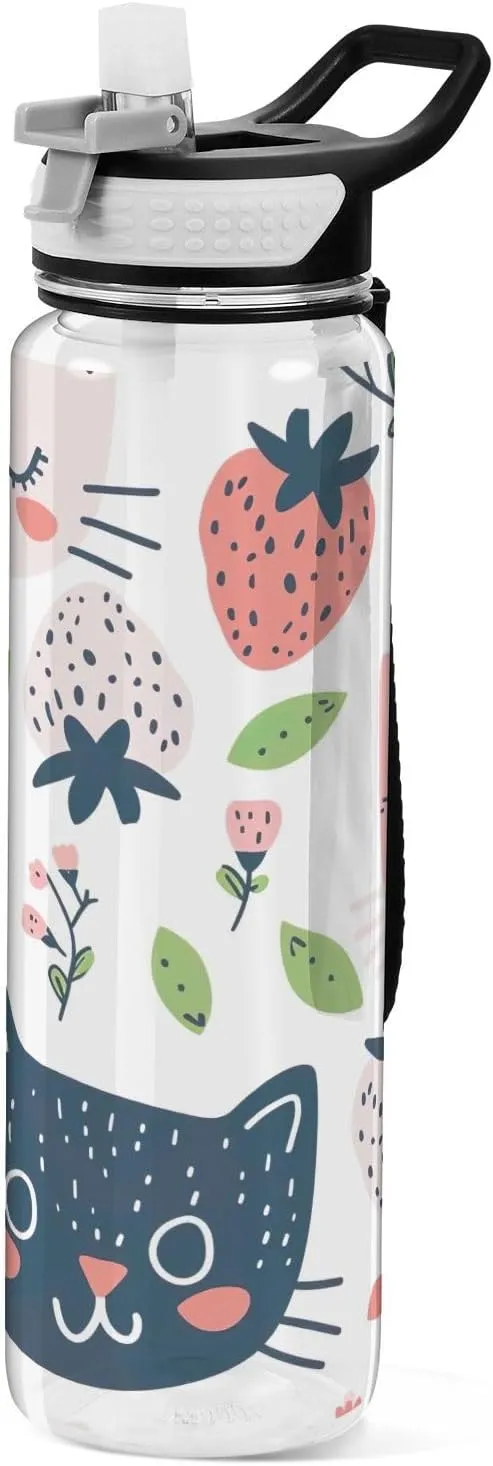 Kigai Transparent Sports Water Bottle 32oz, Cats Fruits Leakproof Wide Mouth Water Bottle with Straw, BPA Free Water Jug with Detachable Strap & Handle for Fitness Gym Outdoor