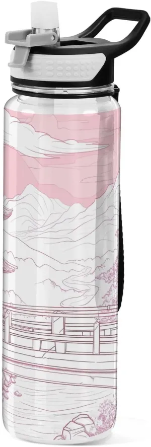 Kigai Transparent Sports Water Bottle 32oz, Chinese Pavilion Leakproof Wide Mouth Water Bottle with Straw, BPA Free Water Jug with Detachable Strap & Handle for Fitness Gym Outdoor