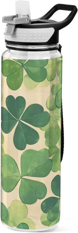 Kigai Transparent Sports Water Bottle 32oz, Clover Leaves Leakproof Wide Mouth Water Bottle with Straw, BPA Free Water Jug with Detachable Strap & Handle for Fitness Gym Outdoor