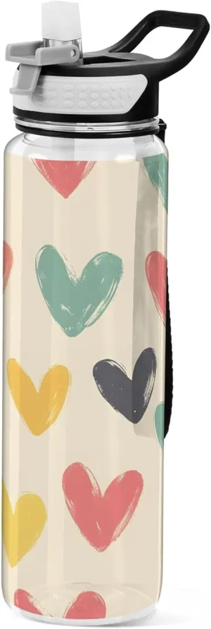 Kigai Transparent Sports Water Bottle 32oz, Colorful Hearts Leakproof Wide Mouth Water Bottle with Straw, BPA Free Water Jug with Detachable Strap & Handle for Fitness Gym Outdoor