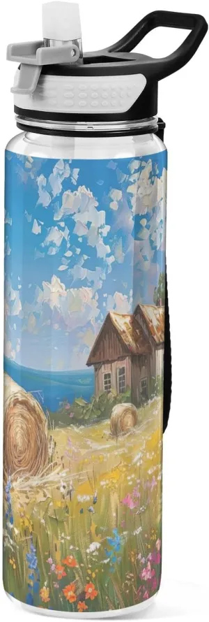 Kigai Transparent Sports Water Bottle 32oz, Country House Leakproof Wide Mouth Water Bottle with Straw, BPA Free Water Jug with Detachable Strap & Handle for Fitness Gym Outdoor