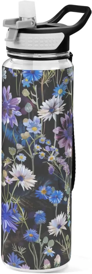 Kigai Transparent Sports Water Bottle 32oz, Daisies Cornflower Leakproof Wide Mouth Water Bottle with Straw, BPA Free Water Jug with Detachable Strap & Handle for Fitness Gym Outdoor