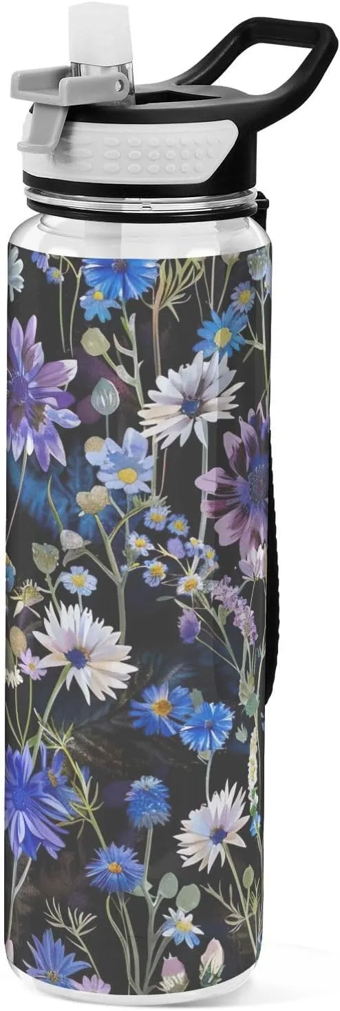 Kigai Transparent Sports Water Bottle 32oz, Daisies Cornflower Leakproof Wide Mouth Water Bottle with Straw, BPA Free Water Jug with Detachable Strap & Handle for Fitness Gym Outdoor