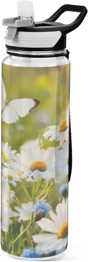 Kigai Transparent Sports Water Bottle 32oz, Daisy Flowers Leakproof Wide Mouth Water Bottle with Straw, BPA Free Water Jug with Detachable Strap & Handle for Fitness Gym Outdoor