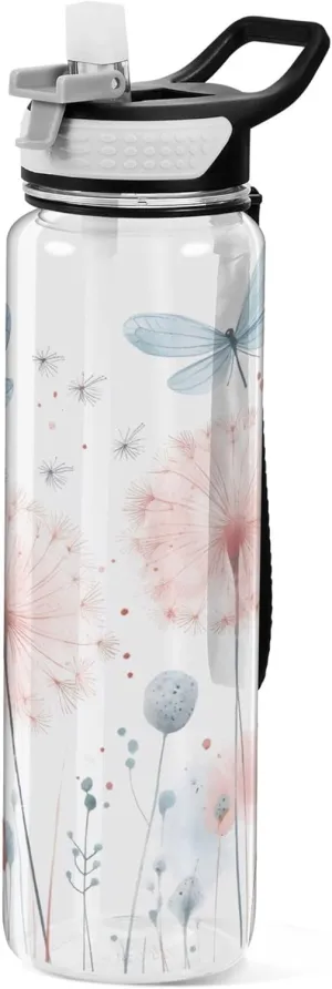 Kigai Transparent Sports Water Bottle 32oz, Dandelion Flowers Leakproof Wide Mouth Water Bottle with Straw, BPA Free Water Jug with Detachable Strap & Handle for Fitness Gym Outdoor