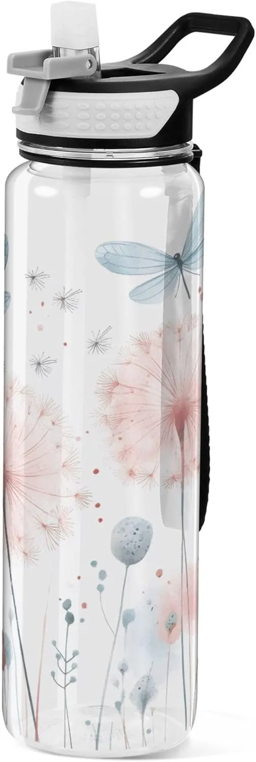 Kigai Transparent Sports Water Bottle 32oz, Dandelion Flowers Leakproof Wide Mouth Water Bottle with Straw, BPA Free Water Jug with Detachable Strap & Handle for Fitness Gym Outdoor