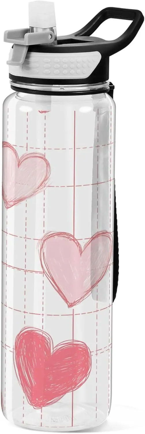 Kigai Transparent Sports Water Bottle 32oz, Doodle Hearts Leakproof Wide Mouth Water Bottle with Straw, BPA Free Water Jug with Detachable Strap & Handle for Fitness Gym Outdoor
