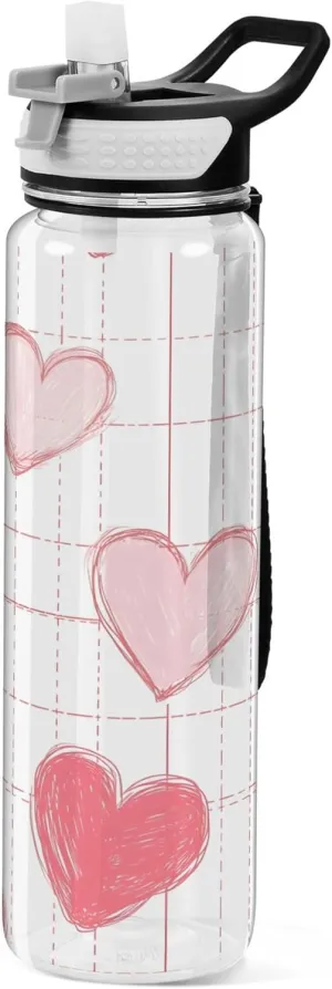 Kigai Transparent Sports Water Bottle 32oz, Doodle Hearts Leakproof Wide Mouth Water Bottle with Straw, BPA Free Water Jug with Detachable Strap & Handle for Fitness Gym Outdoor