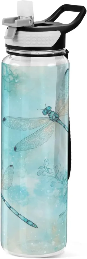 Kigai Transparent Sports Water Bottle 32oz, Dragonfly Leakproof Wide Mouth Water Bottle with Straw, BPA Free Water Jug with Detachable Strap & Handle for Fitness Gym Outdoor