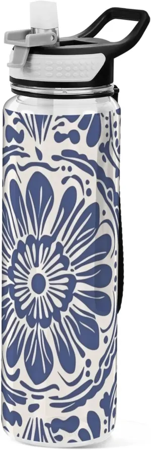 Kigai Transparent Sports Water Bottle 32oz, Ethnic Flower Pattern Leakproof Wide Mouth Water Bottle with Straw, BPA Free Water Jug with Detachable Strap & Handle for Fitness Gym Outdoor