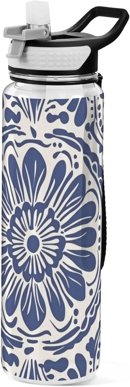 Kigai Transparent Sports Water Bottle 32oz, Ethnic Flower Pattern Leakproof Wide Mouth Water Bottle with Straw, BPA Free Water Jug with Detachable Strap & Handle for Fitness Gym Outdoor