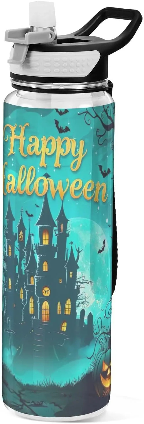 Kigai Transparent Sports Water Bottle 32oz, Happy Halloween Leakproof Wide Mouth Water Bottle with Straw, BPA Free Water Jug with Detachable Strap & Handle for Fitness Gym Outdoor