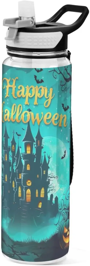 Kigai Transparent Sports Water Bottle 32oz, Happy Halloween Leakproof Wide Mouth Water Bottle with Straw, BPA Free Water Jug with Detachable Strap & Handle for Fitness Gym Outdoor