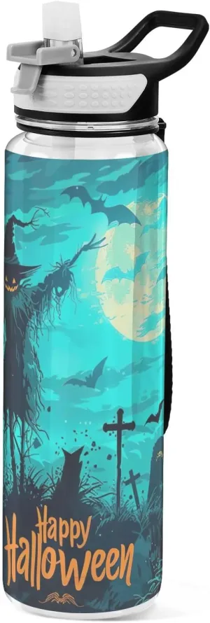 Kigai Transparent Sports Water Bottle 32oz, Happy Halloween Leakproof Wide Mouth Water Bottle with Straw, BPA Free Water Jug with Detachable Strap & Handle for Fitness Gym Outdoor