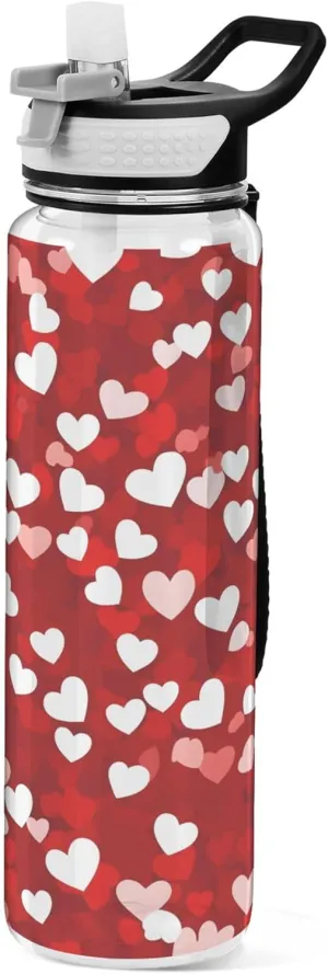 Kigai Transparent Sports Water Bottle 32oz, Hearts Leakproof Wide Mouth Water Bottle with Straw, BPA Free Water Jug with Detachable Strap & Handle for Fitness Gym Outdoor