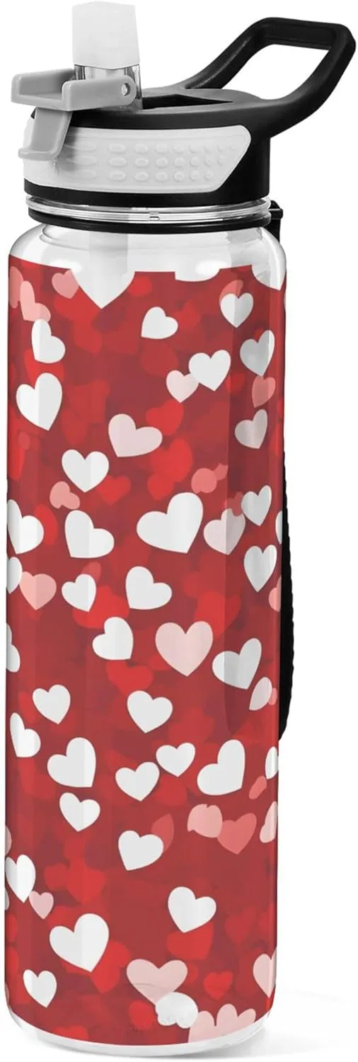 Kigai Transparent Sports Water Bottle 32oz, Hearts Leakproof Wide Mouth Water Bottle with Straw, BPA Free Water Jug with Detachable Strap & Handle for Fitness Gym Outdoor