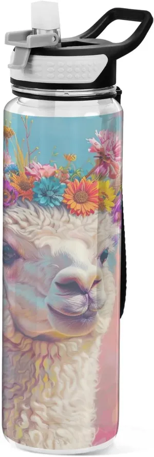 Kigai Transparent Sports Water Bottle 32oz, Llama Painting Leakproof Wide Mouth Water Bottle with Straw, BPA Free Water Jug with Detachable Strap & Handle for Fitness Gym Outdoor