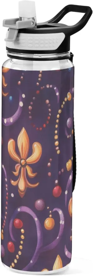Kigai Transparent Sports Water Bottle 32oz, Mardi Gras Fleur-de-lis Leakproof Wide Mouth Water Bottle with Straw, BPA Free Water Jug with Detachable Strap & Handle for Fitness Gym Outdoor
