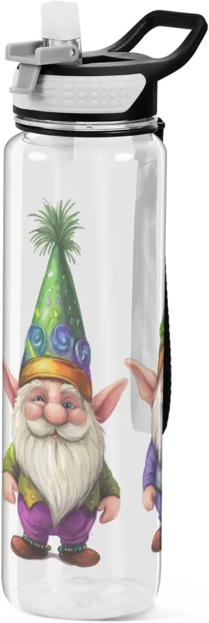 Kigai Transparent Sports Water Bottle 32oz, Mardi Gras Gnomes Leakproof Wide Mouth Water Bottle with Straw, BPA Free Water Jug with Detachable Strap & Handle for Fitness Gym Outdoor
