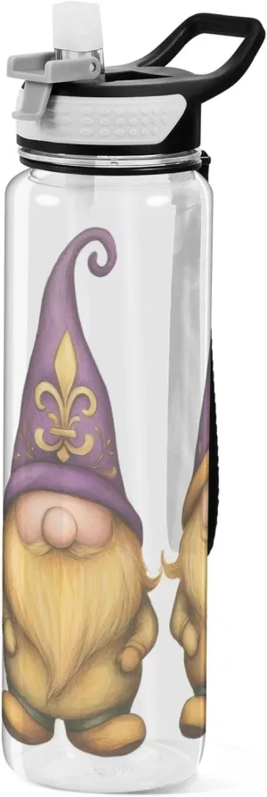 Kigai Transparent Sports Water Bottle 32oz, Mardi Gras Gnomes Leakproof Wide Mouth Water Bottle with Straw, BPA Free Water Jug with Detachable Strap & Handle for Fitness Gym Outdoor