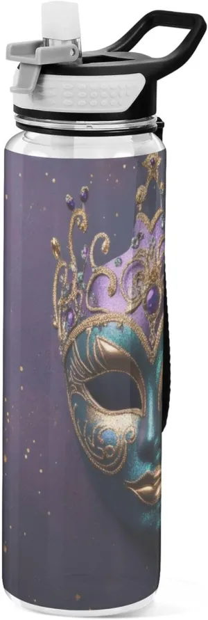 Kigai Transparent Sports Water Bottle 32oz, Mardi Gras Mask Leakproof Wide Mouth Water Bottle with Straw, BPA Free Water Jug with Detachable Strap & Handle for Fitness Gym Outdoor