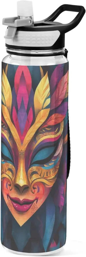 Kigai Transparent Sports Water Bottle 32oz, Mardi Gras Mask Leakproof Wide Mouth Water Bottle with Straw, BPA Free Water Jug with Detachable Strap & Handle for Fitness Gym Outdoor