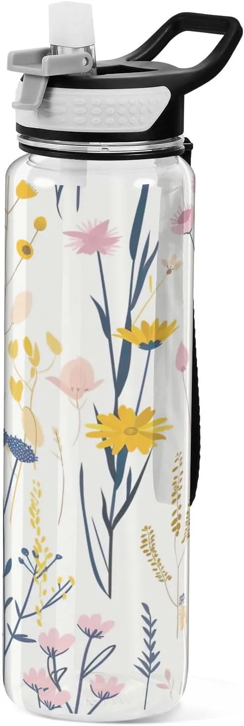 Kigai Transparent Sports Water Bottle 32oz, Minimalistic Wildflowers Leakproof Wide Mouth Water Bottle with Straw, BPA Free Water Jug with Detachable Strap & Handle for Fitness Gym Outdoor