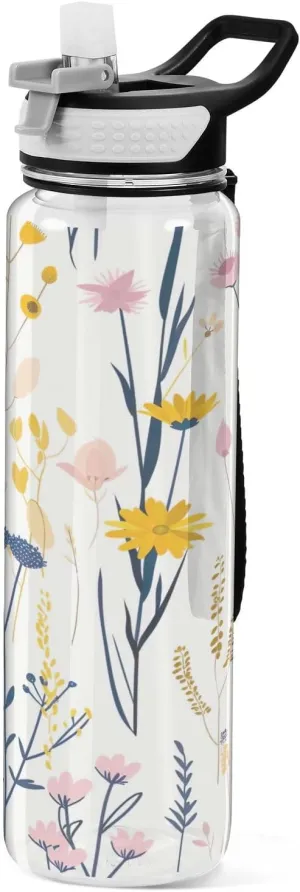 Kigai Transparent Sports Water Bottle 32oz, Minimalistic Wildflowers Leakproof Wide Mouth Water Bottle with Straw, BPA Free Water Jug with Detachable Strap & Handle for Fitness Gym Outdoor