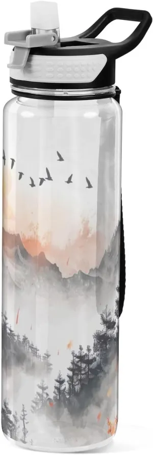 Kigai Transparent Sports Water Bottle 32oz, Mountain Sun Painting Leakproof Wide Mouth Water Bottle with Straw, BPA Free Water Jug with Detachable Strap & Handle for Fitness Gym Outdoor