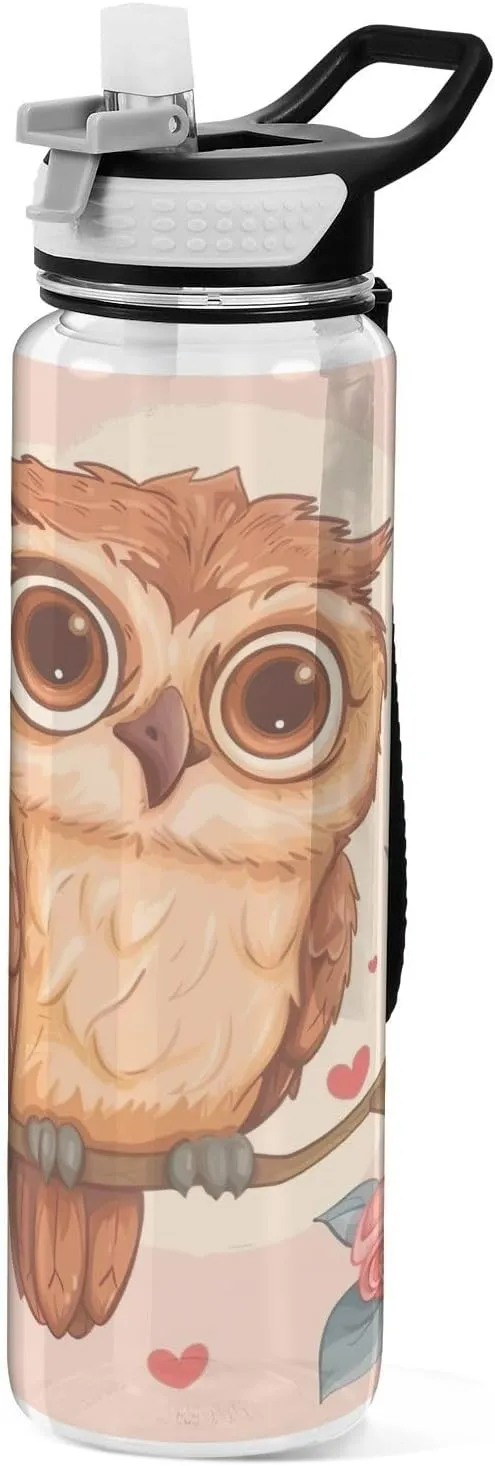 Kigai Transparent Sports Water Bottle 32oz, Owl Roses Leakproof Wide Mouth Water Bottle with Straw, BPA Free Water Jug with Detachable Strap & Handle for Fitness Gym Outdoor
