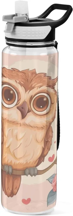 Kigai Transparent Sports Water Bottle 32oz, Owl Roses Leakproof Wide Mouth Water Bottle with Straw, BPA Free Water Jug with Detachable Strap & Handle for Fitness Gym Outdoor