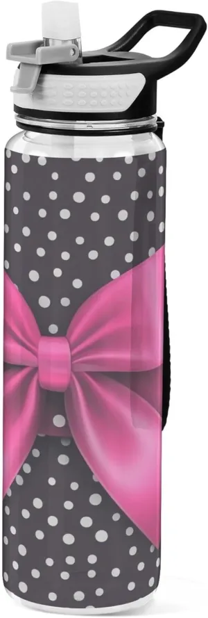 Kigai Transparent Sports Water Bottle 32oz, Pink Bow in Dots Leakproof Wide Mouth Water Bottle with Straw, BPA Free Water Jug with Detachable Strap & Handle for Fitness Gym Outdoor
