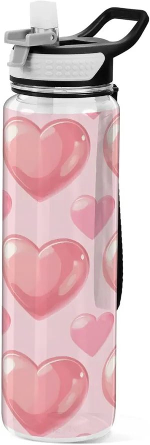 Kigai Transparent Sports Water Bottle 32oz, Pink Hearts Leakproof Wide Mouth Water Bottle with Straw, BPA Free Water Jug with Detachable Strap & Handle for Fitness Gym Outdoor